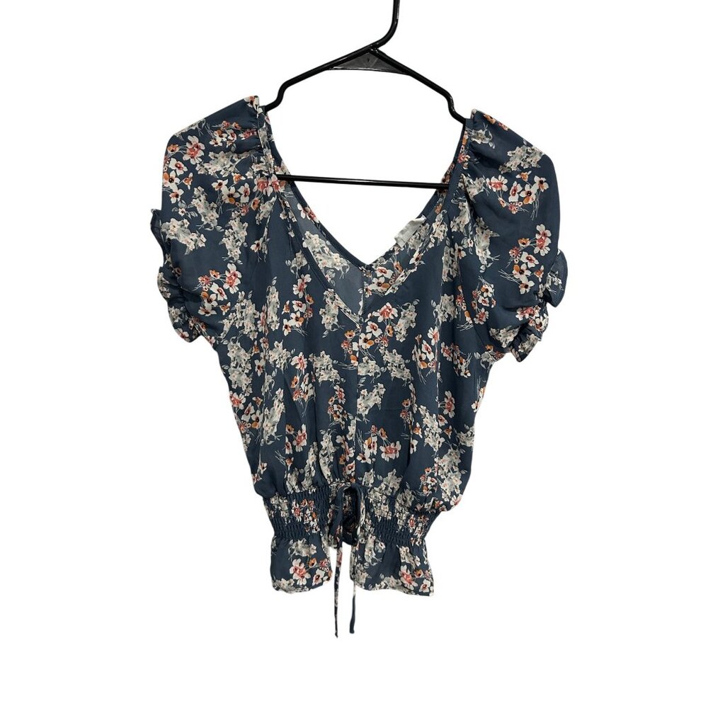 Sienna Sky Floral Print Navy Smocked Waist Ruffle Sleeves V-Neck Blouse Size XS